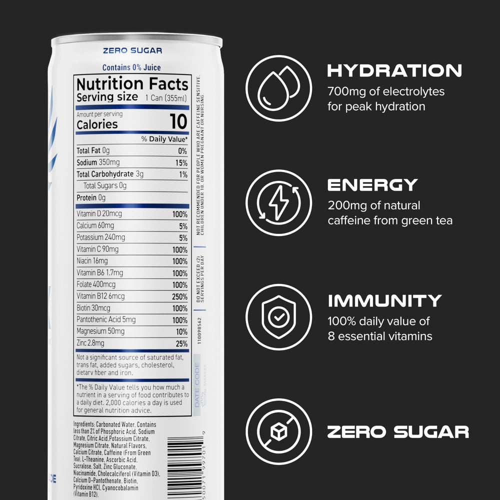 PHX Hydration Energy can front showing zero sugar and bold flavor