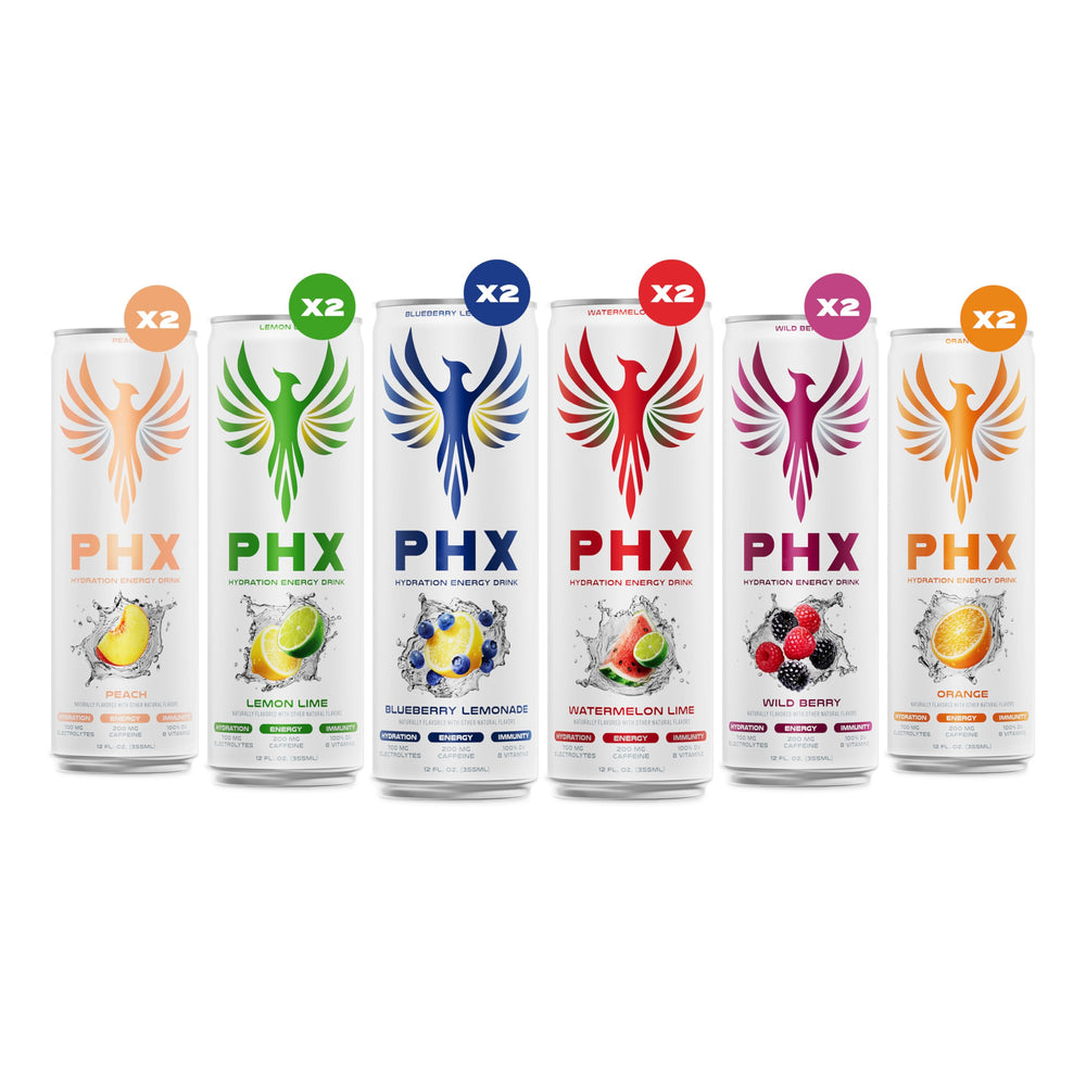 PHX Hydration Energy can side view highlighting natural green tea caffeine