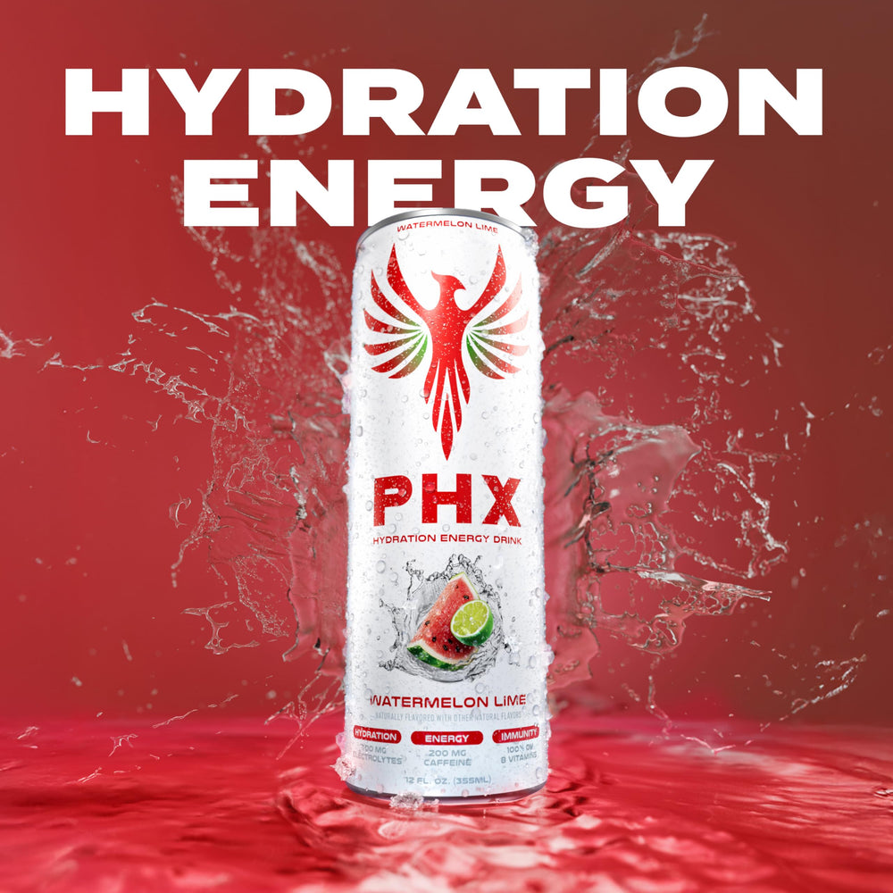 PHX Hydration Energy green tea splash illustrating natural caffeine and focus