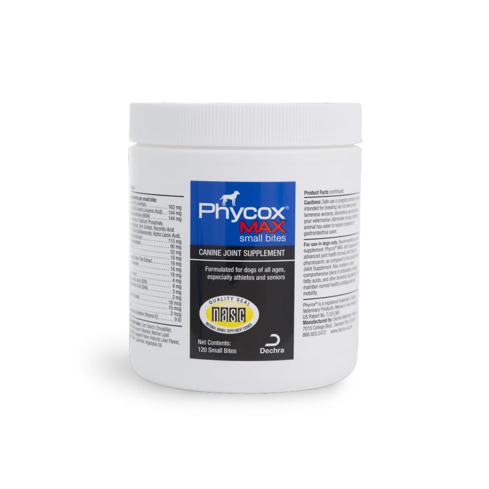 Phycox MAX dog joint supplement bottle showing easy-dose bites for daily use.