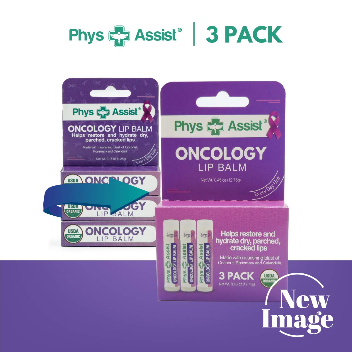 PhysAssist oncology lip balm tube close-up shows nourishing formula for dry lips.