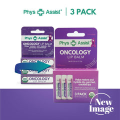 PhysAssist oncology lip balm tube close-up shows nourishing formula for dry lips.