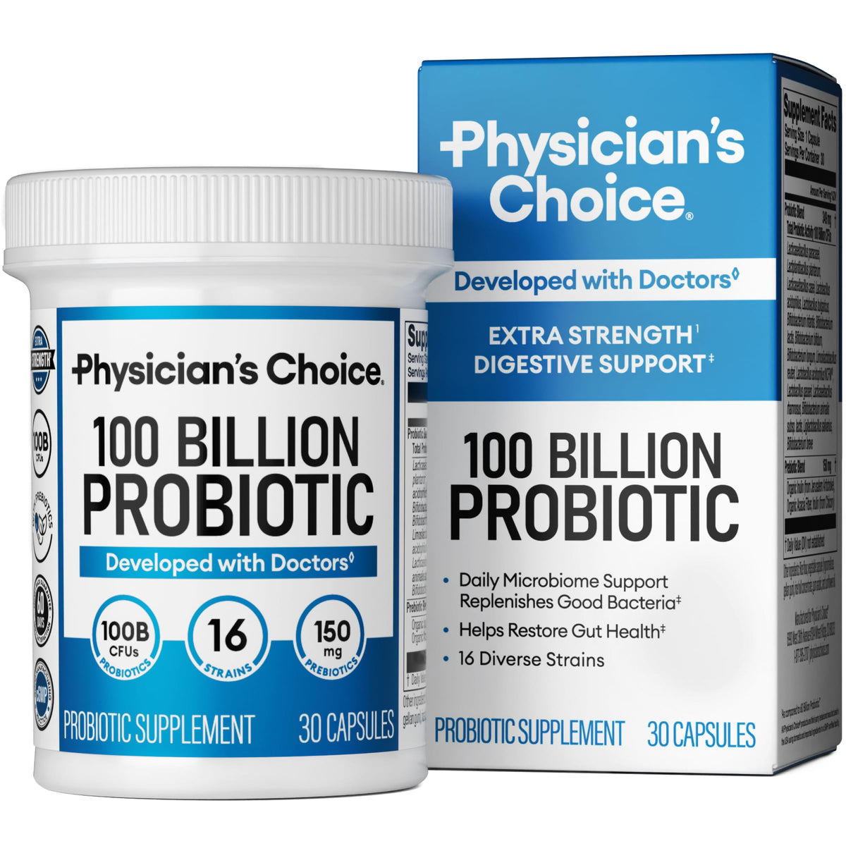 Physician's CHOICE 100B probiotic bottle supports daily gut comfort and balance.