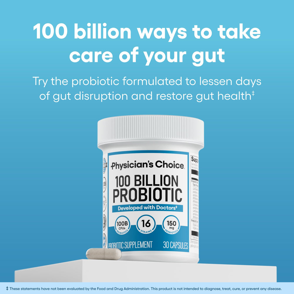Physician's CHOICE 16-strains bottle label highlights diverse strains for gut balance.