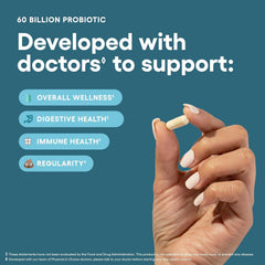 Physician's CHOICE 60-billion probiotics capsules close-up, promotes balanced digestion