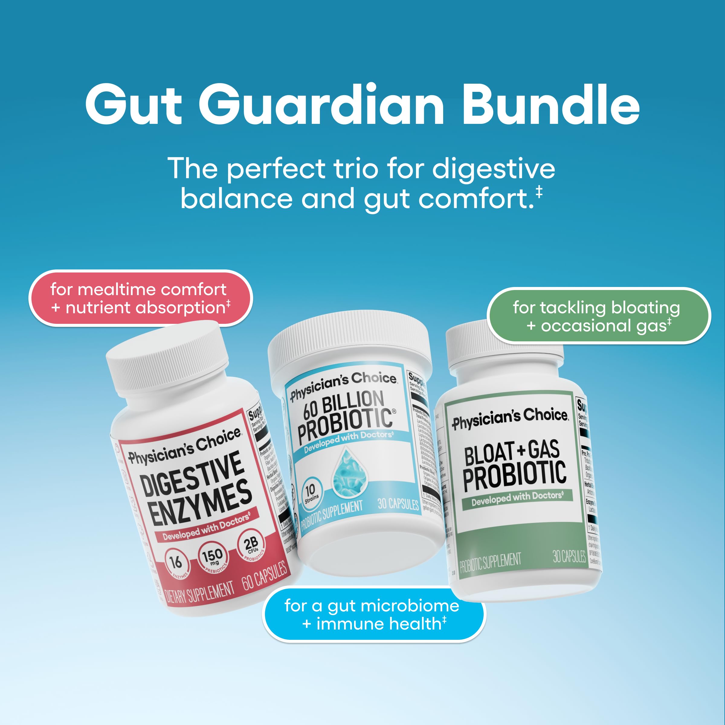Physician's CHOICE 60Billion probiotic capsules support diverse gut strains for balanced digestion.