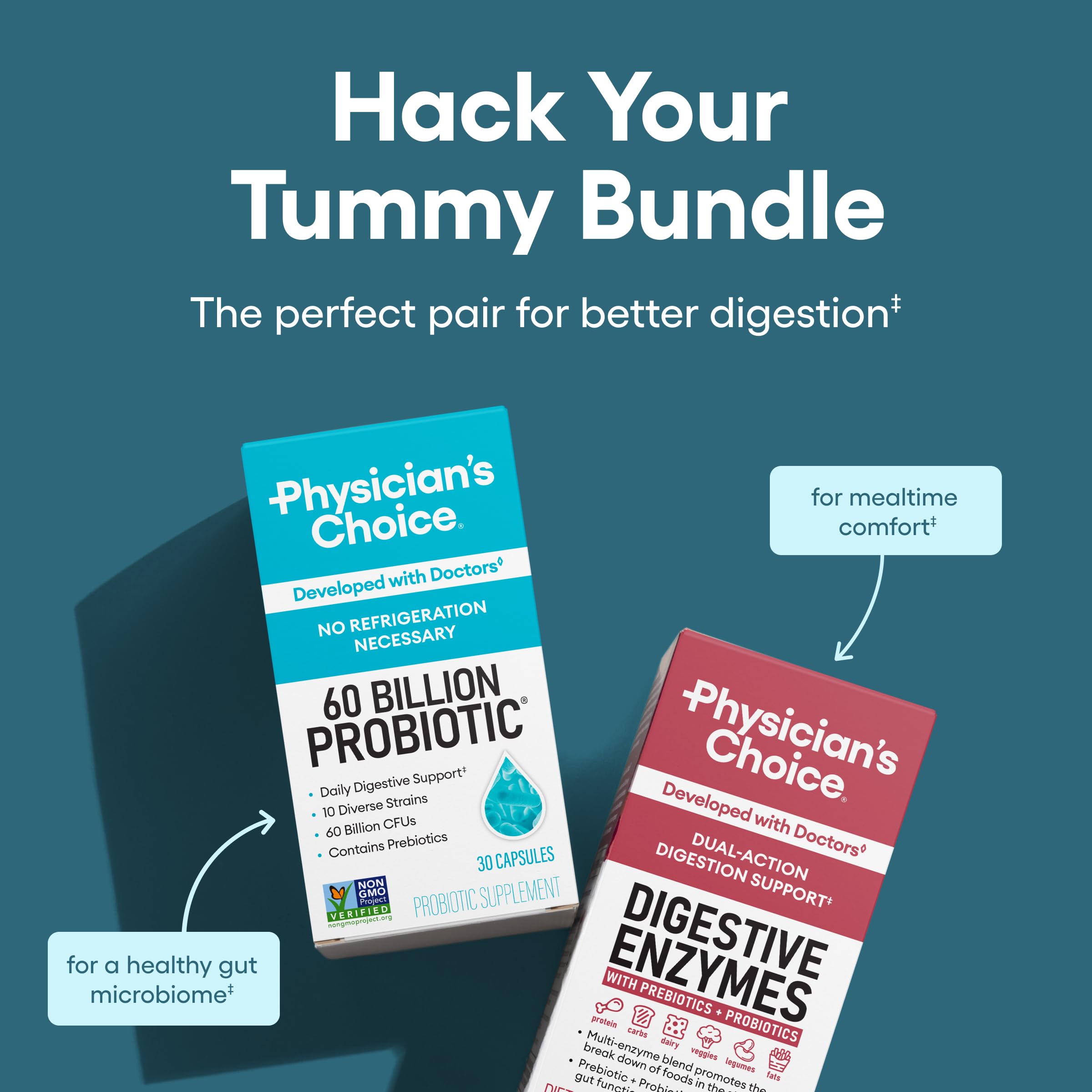 Physician's CHOICE Advanced Gut Health Bundle digestive enzymes bottle boosts nutrient absorption.