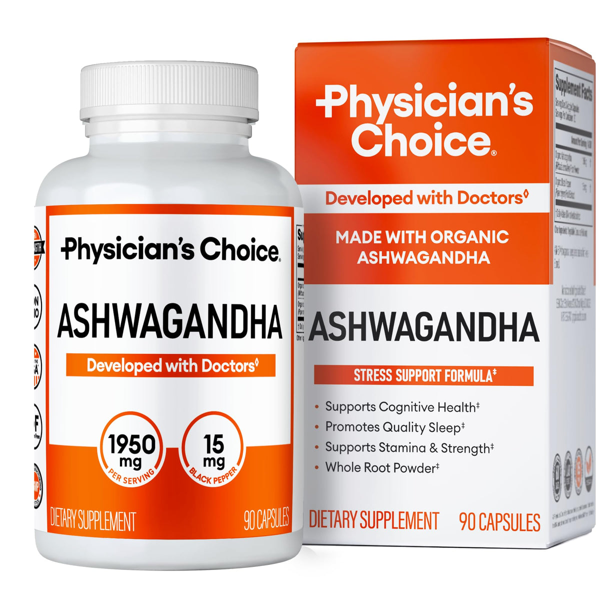 Physician's CHOICE ashwagandha bottle provides convenient daily stress support.