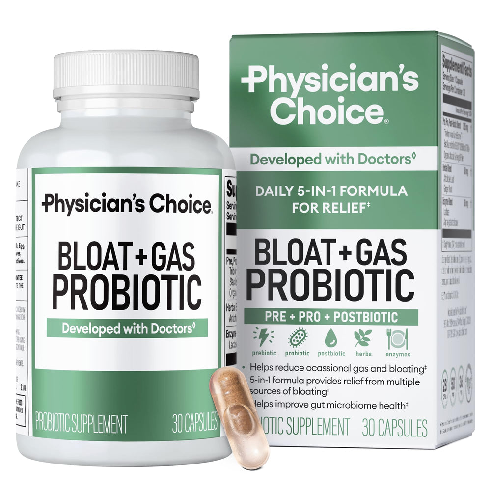 Physician's CHOICE bloat-gas probiotic 5-in-1 bottle supports comfortable digestion.
