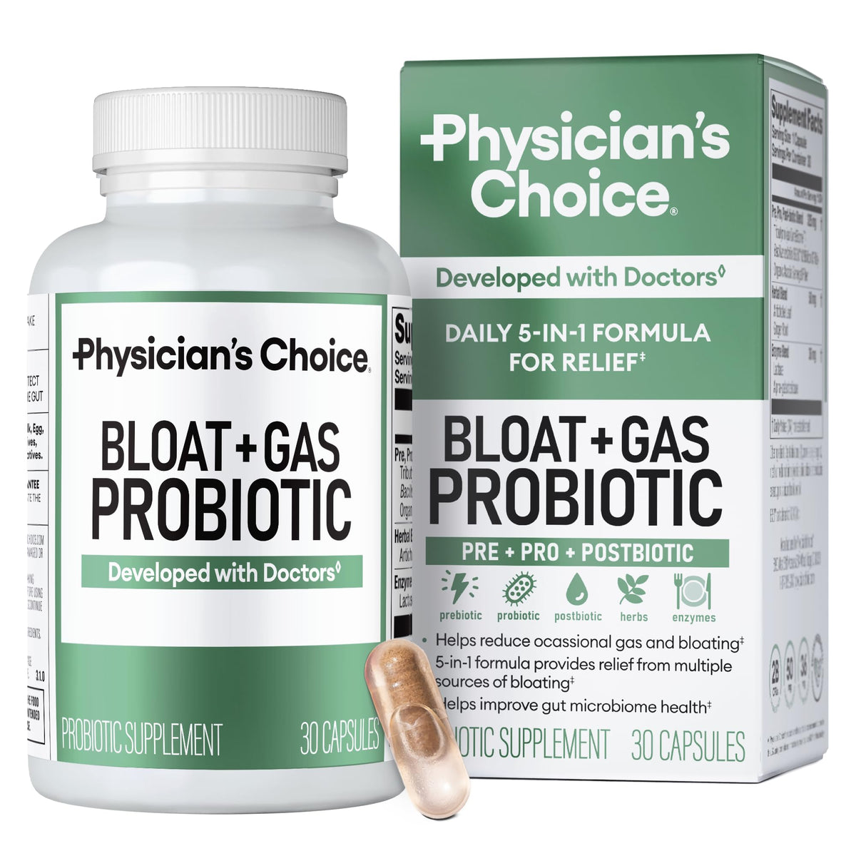 Physician's CHOICE bloat-gas probiotic 5-in-1 bottle supports comfortable digestion.