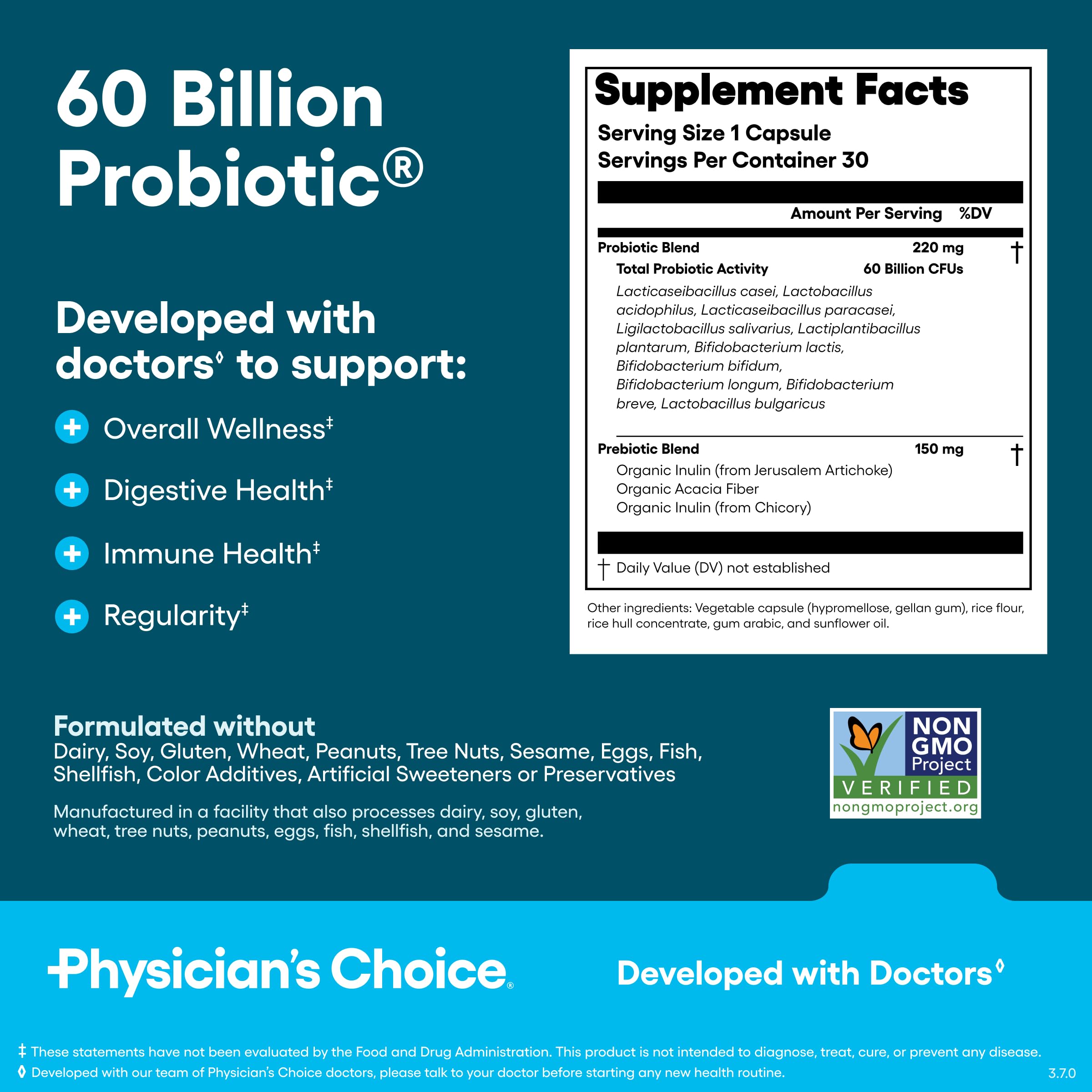 Physician's CHOICE Bloat & Gas Probiotic bottle illustrates rapid relief during meals.