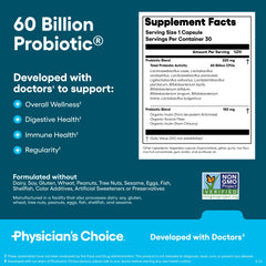 Physician's CHOICE Bloat & Gas Probiotic bottle illustrates rapid relief during meals.