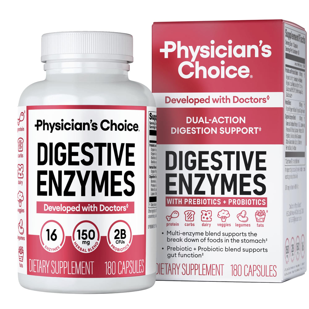 Physician's CHOICE Digestive Enzymes bottle on kitchen counter for meal-time comfort.