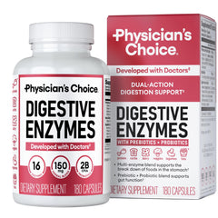 Physician's CHOICE Digestive Enzymes bottle on kitchen counter for meal-time comfort.
