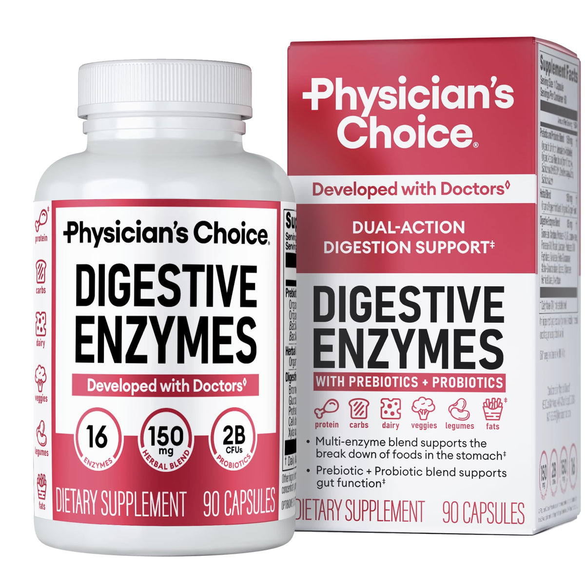 Physician's CHOICE Digestive Enzymes bottle-front view highlights 16 enzymes for meals and prebiotics.