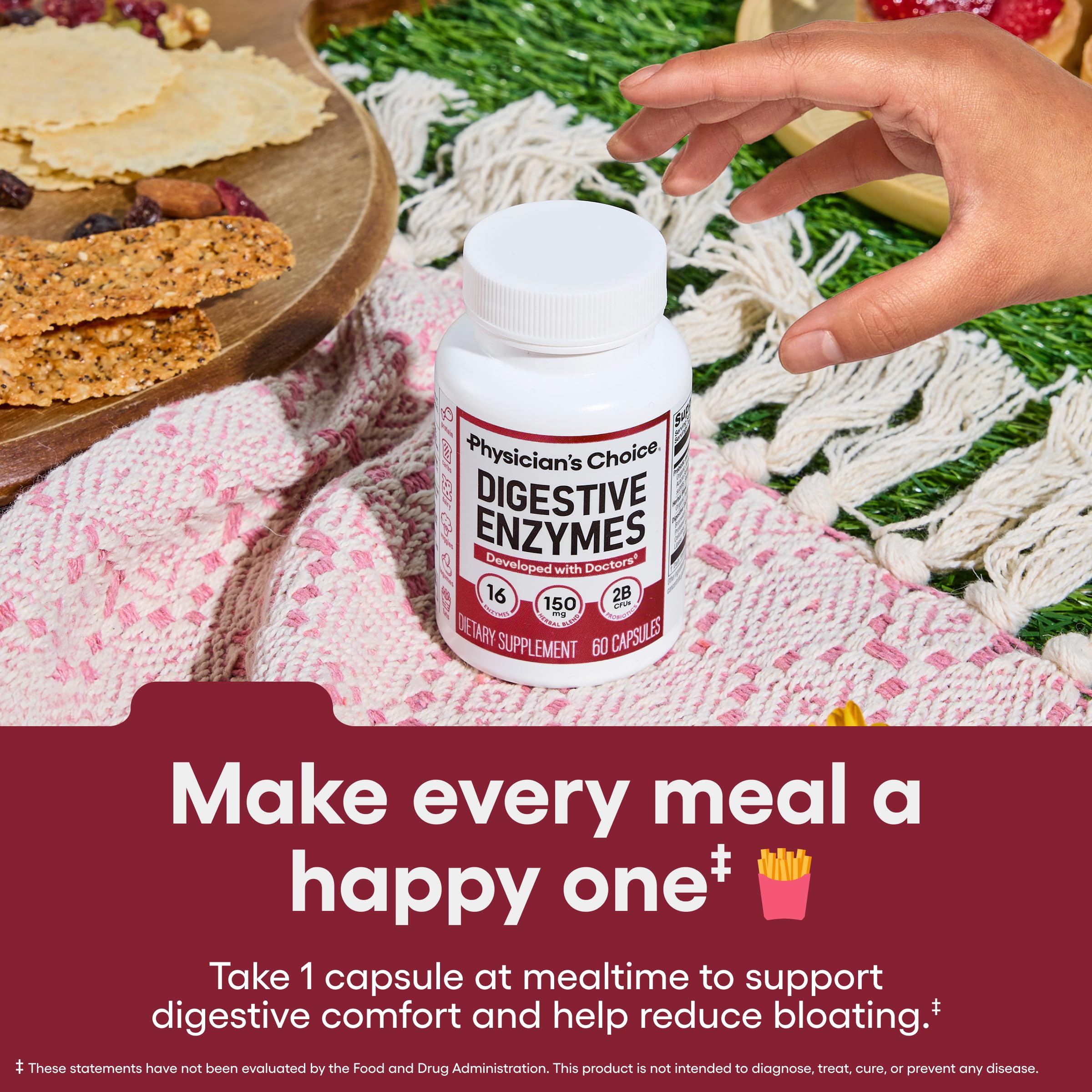 Physician's CHOICE Digestive Enzymes bottle label shows probiotic blend supporting gut balance.