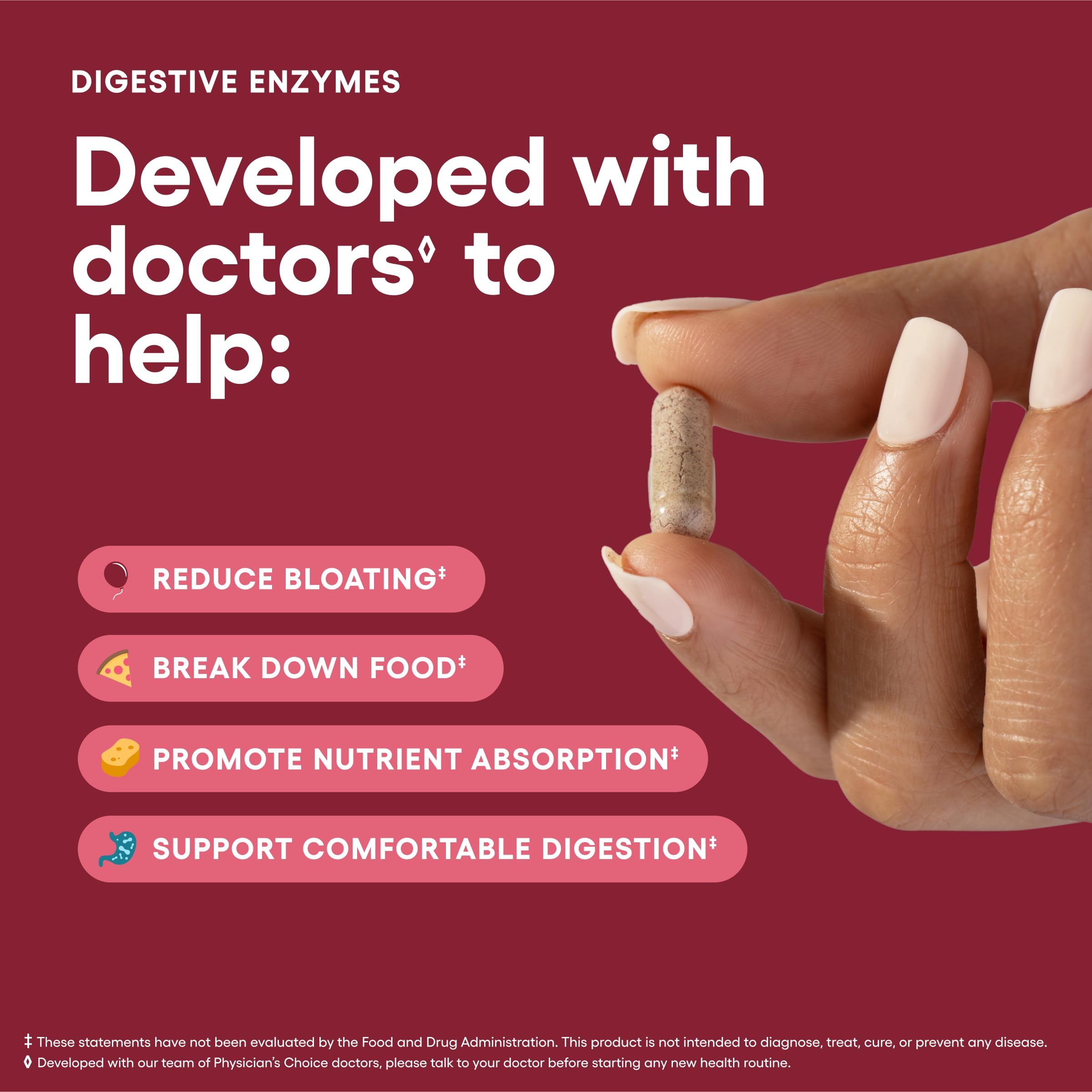Physician's CHOICE Digestive Enzymes capsules pouring from bottle for mealtime support.