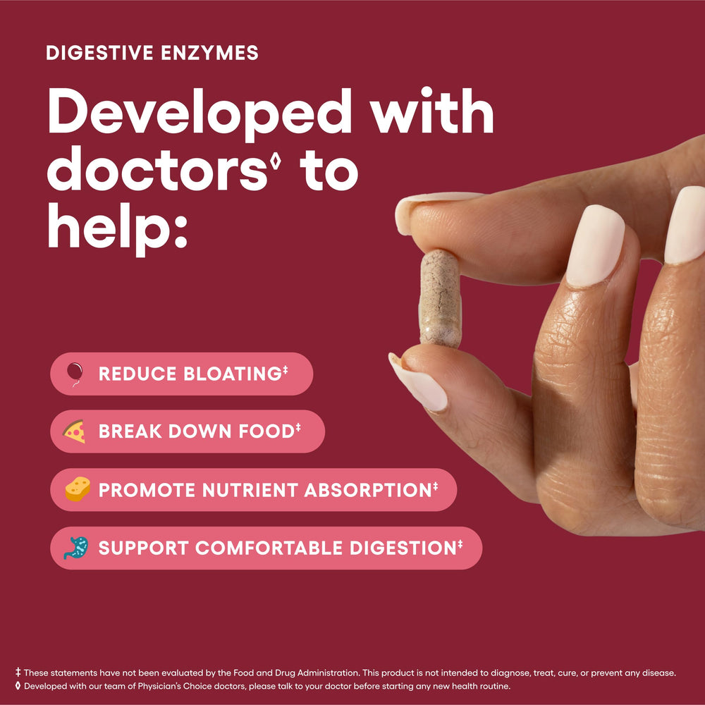 Physician's CHOICE Digestive Enzymes capsules pouring from bottle for mealtime support.