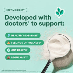Fiber powder being poured into water by Physician's CHOICE Easy Mix Fiber for a neutral mix.