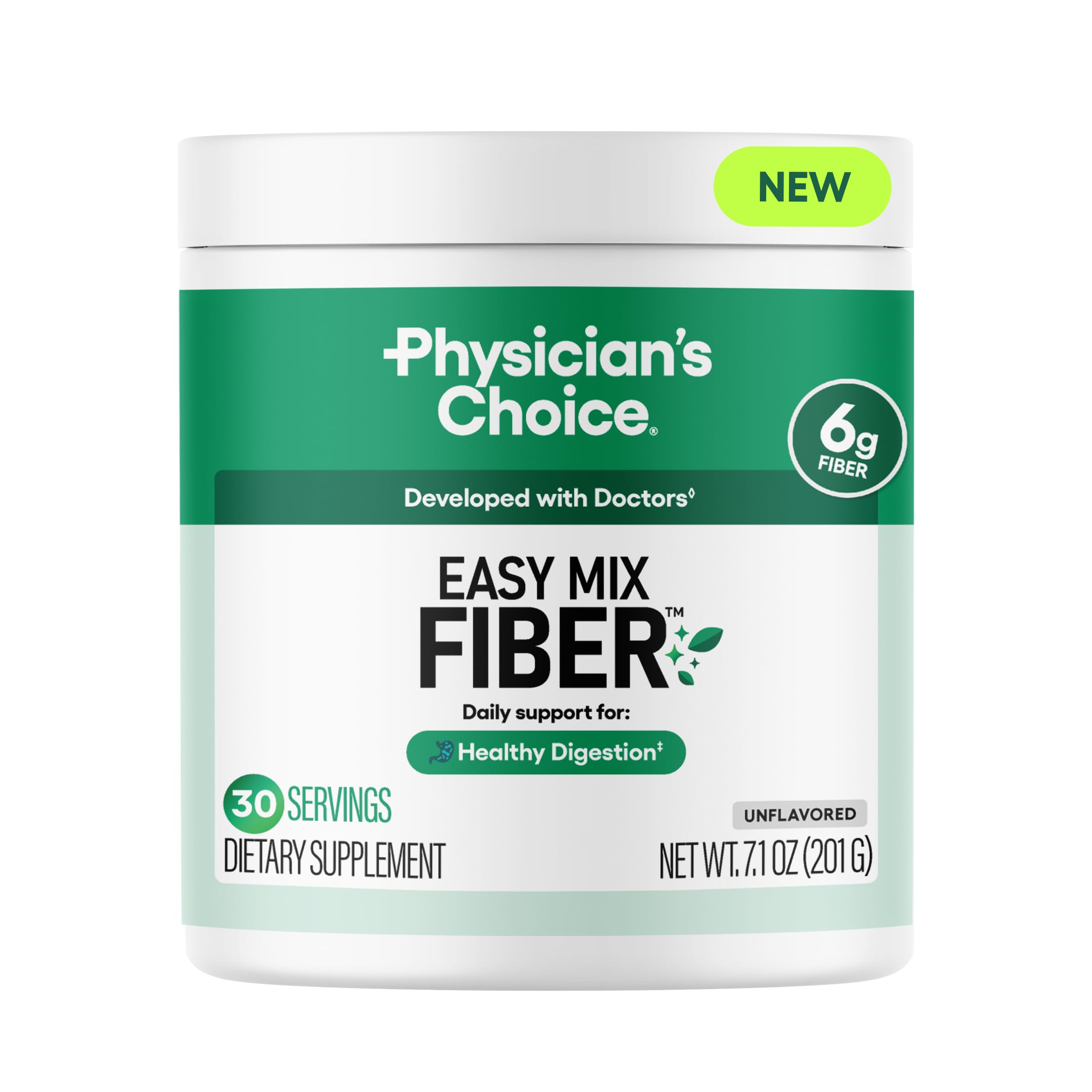 Physician's CHOICE Easy Mix Fiber powder in a jar with a smooth texture for daily digestion.
