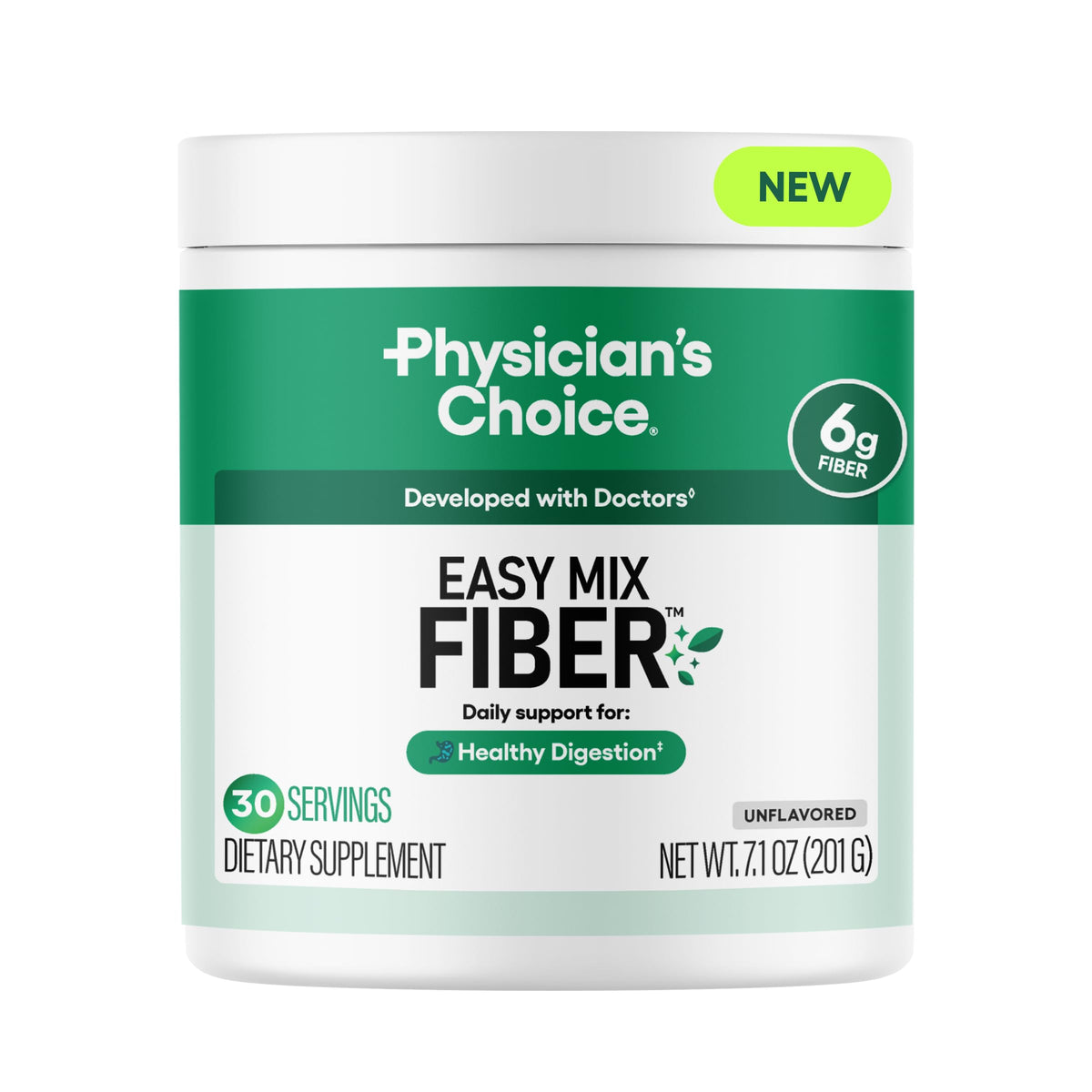 Physician's CHOICE Easy Mix Fiber powder in a jar with a smooth texture for daily digestion.