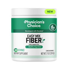 Physician's CHOICE Easy Mix Fiber powder in a jar with a smooth texture for daily digestion.