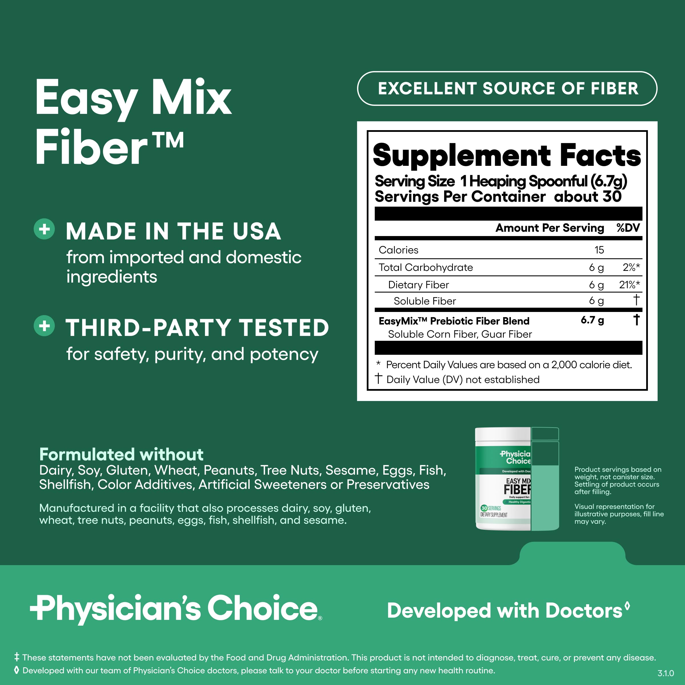 USA-made label showcases Physician's CHOICE Easy Mix Fiber quality and origin.