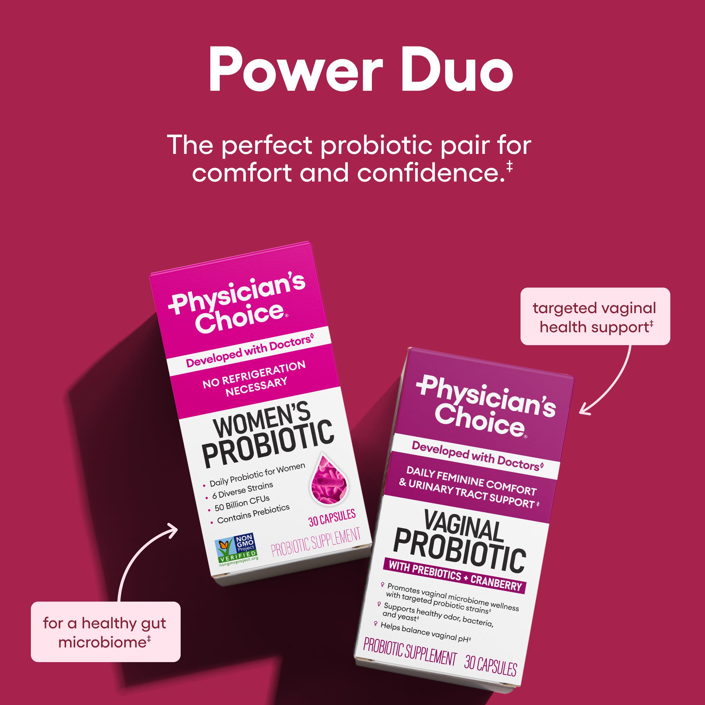 Physician's CHOICE capsules closeup highlights six targeted strains for feminine health