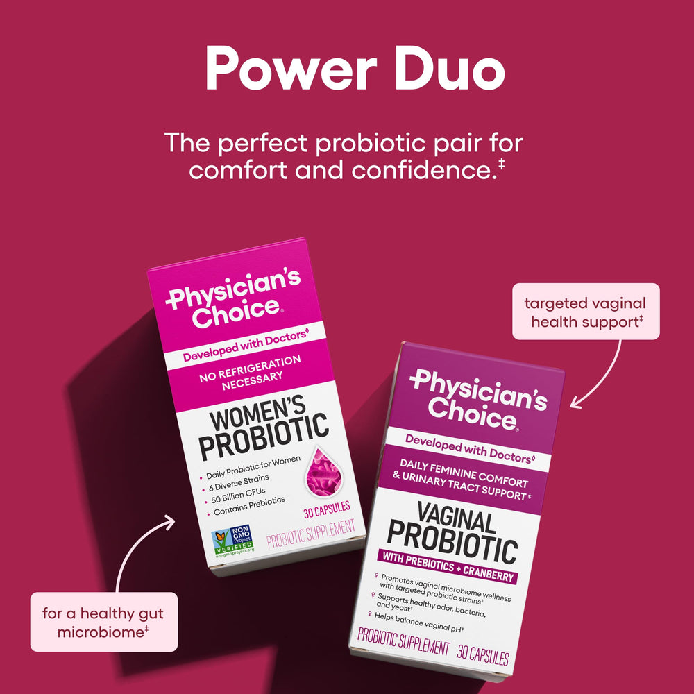 Physician's CHOICE capsules closeup highlights six targeted strains for feminine health