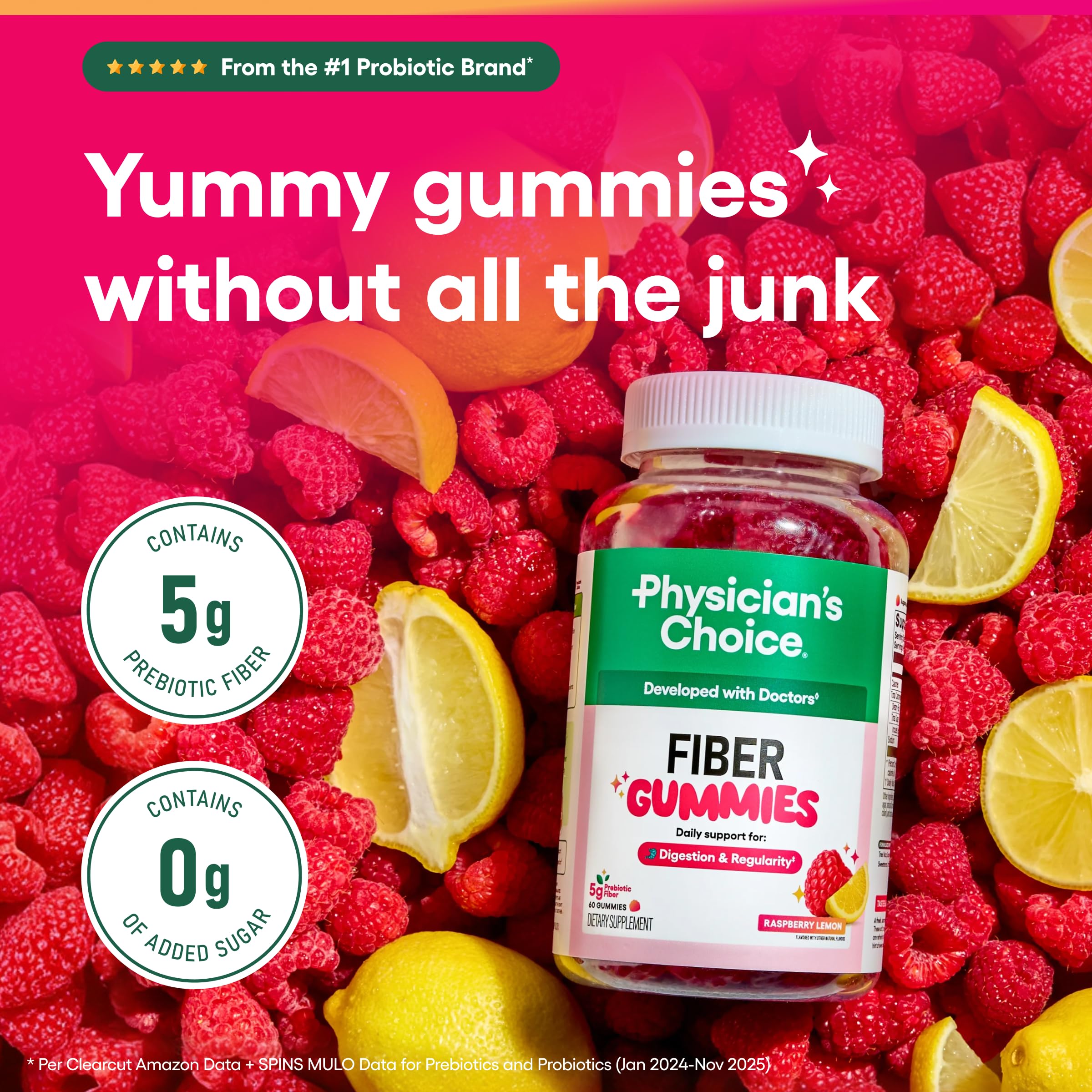 Physician’s Choice Fiber Gummies two-daily-dosage image promotes regularity.