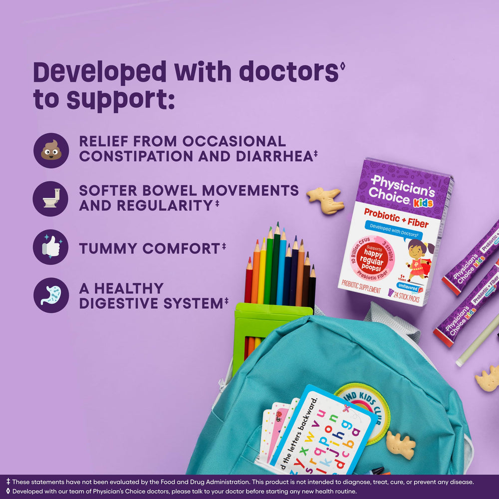 Physician's Choice Kids probiotic fiber packets show 10 billion CFU and 3 strains