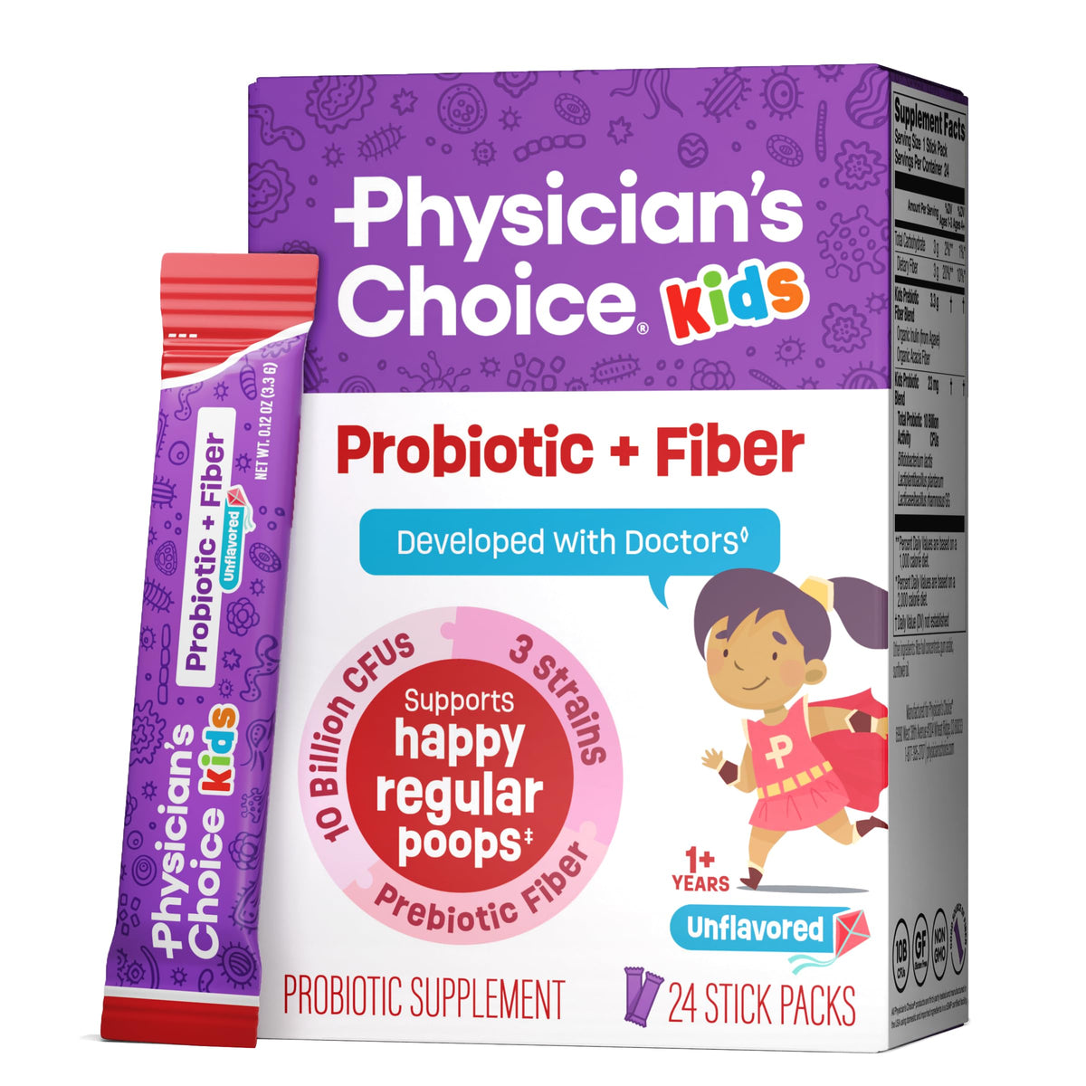 Physician's Choice Kids probiotic fiber packets unflavored powder for easy daily mixing