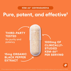 Physician's CHOICE KSM-66 Ashwagandha bottle with black pepper for absorption.
