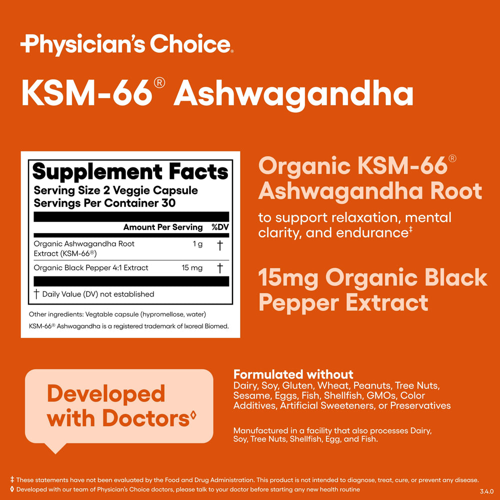 Physician's CHOICE KSM-66 Ashwagandha bottle side view with dosage information.