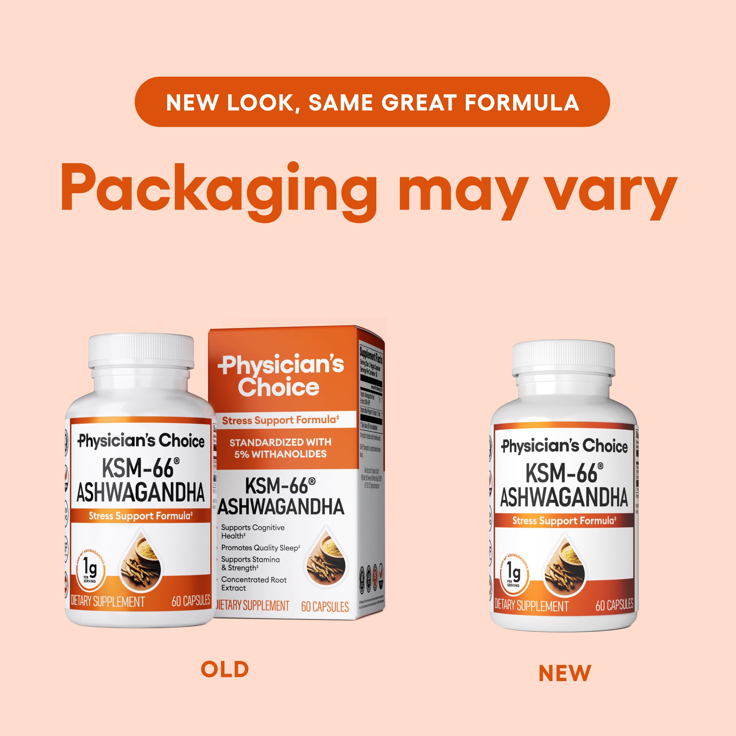 Physician's CHOICE KSM-66 packaging display showing travel-friendly bottle.