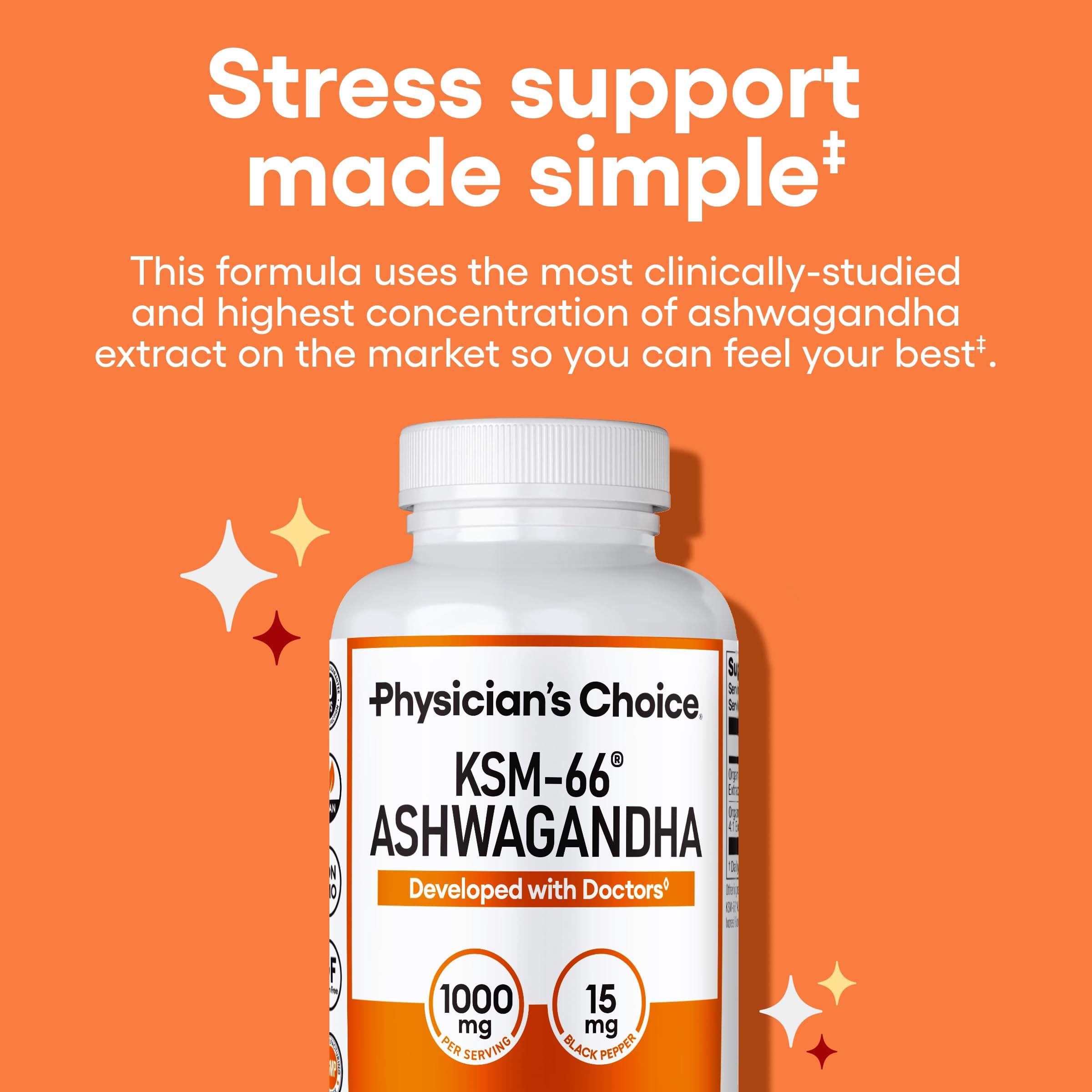 Physician's CHOICE KSM-66 Ashwagandha capsules close-up for easy daily use.