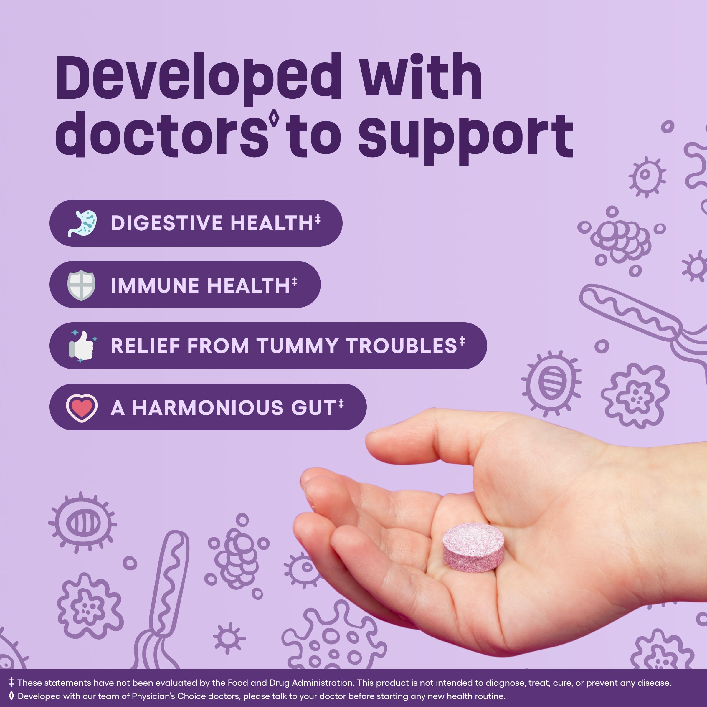 Physician's CHOICE L. rhamnosus GG infographic highlighting clinically studied probiotic strain.
