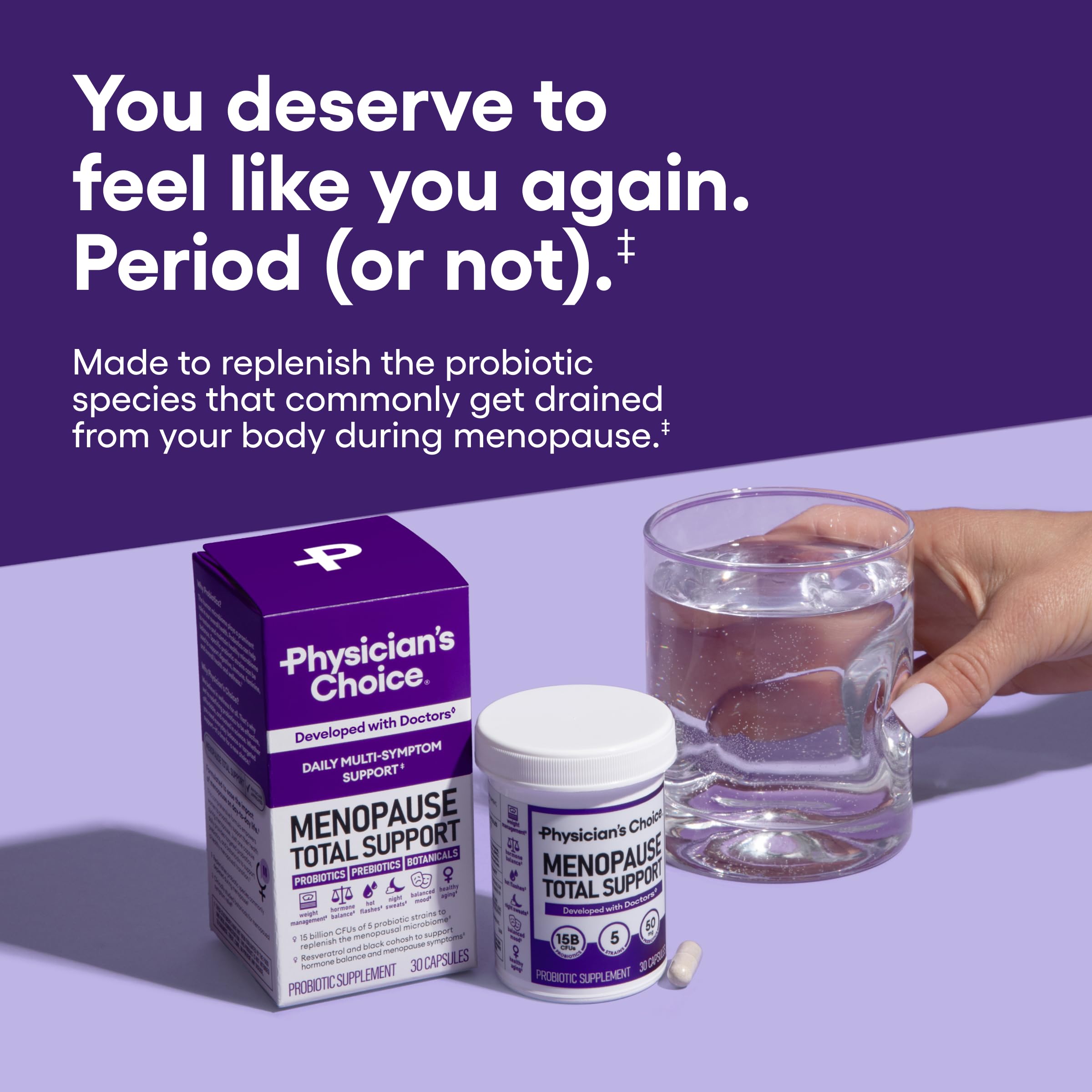 Physician's CHOICE Menopause Probiotic capsules closeup showing capsules and dosage