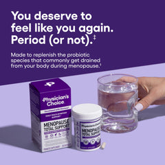 Physician's CHOICE Menopause Probiotic capsules closeup showing capsules and dosage