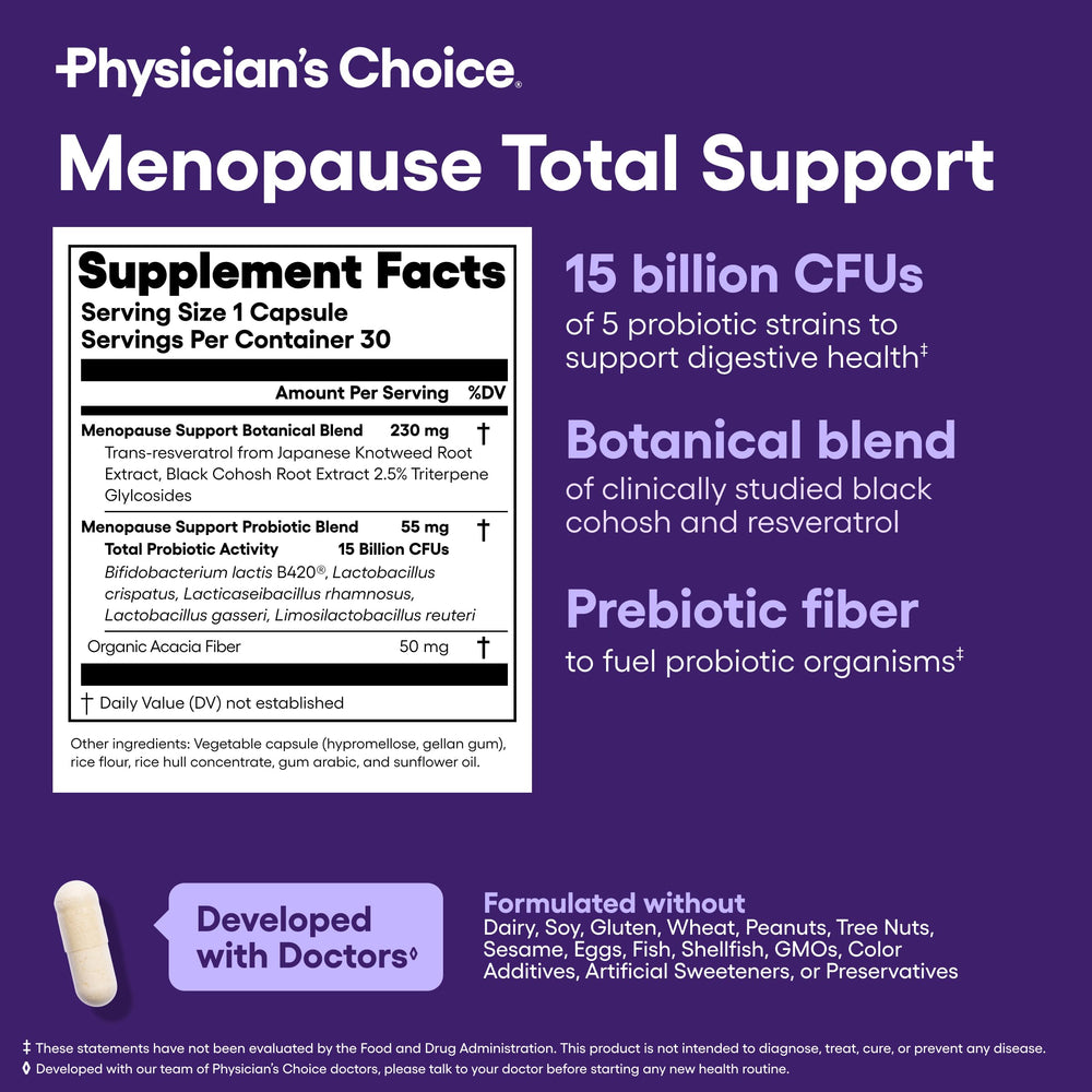 Physician's CHOICE Menopause Probiotic daily use bottle in morning routine