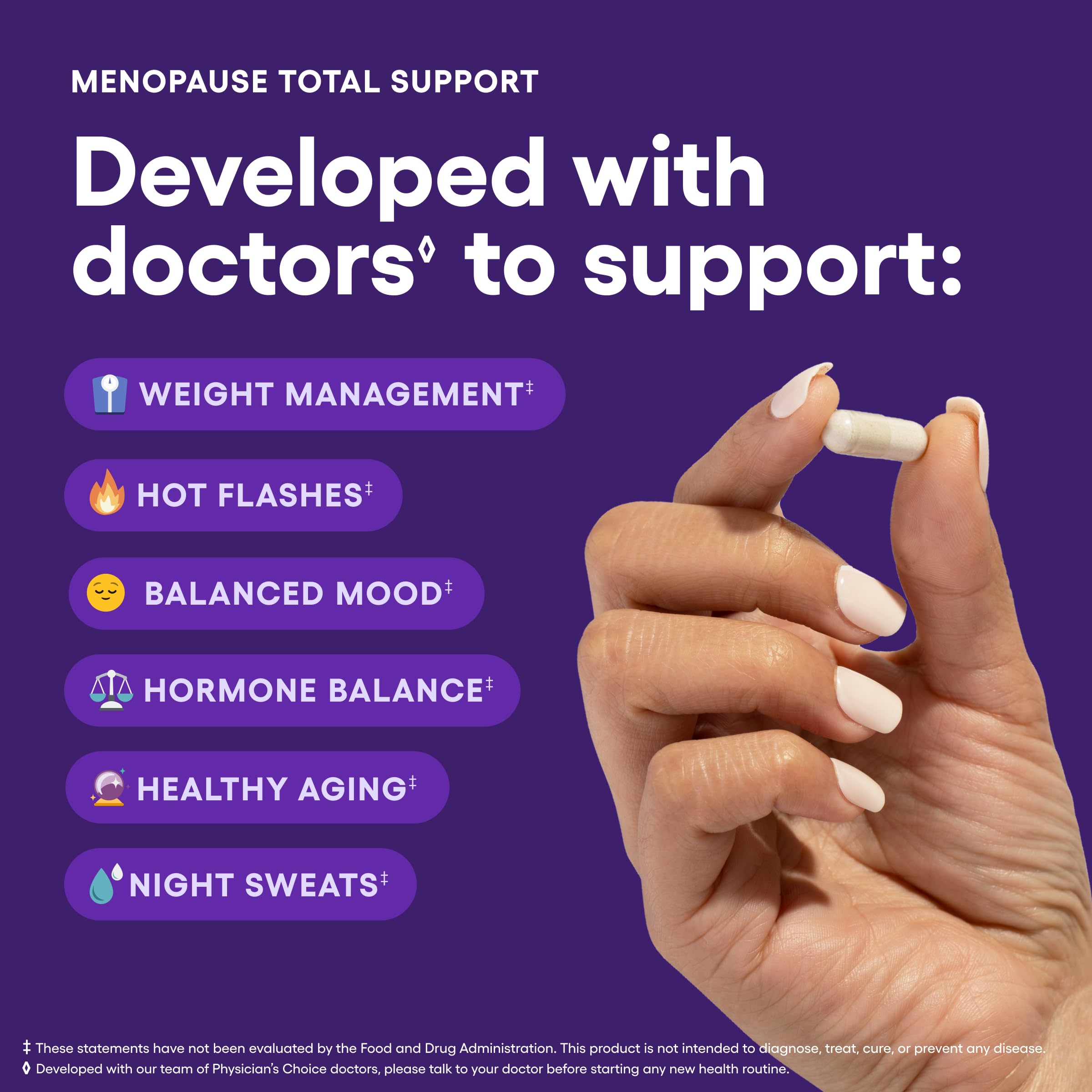Physician's CHOICE Menopause Probiotic label design closeup highlighting ingredients
