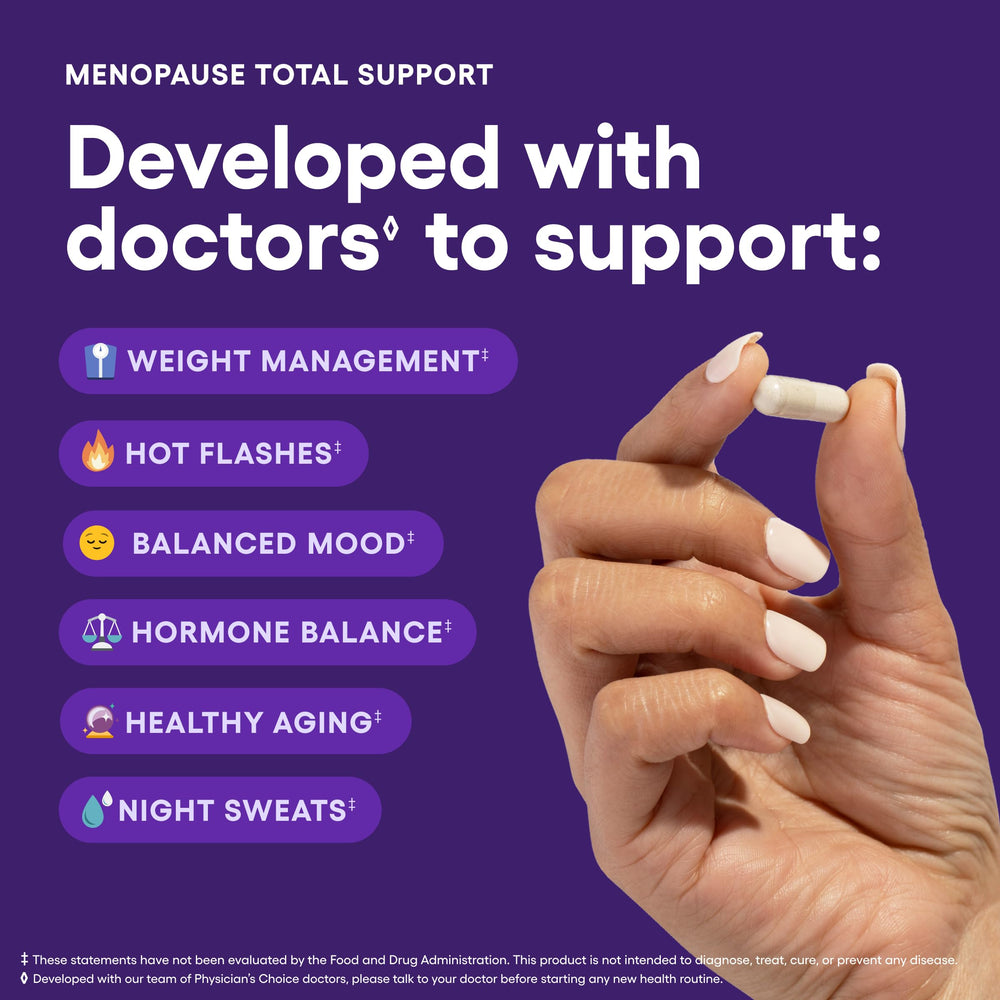Physician's CHOICE Menopause Probiotic label design closeup highlighting ingredients
