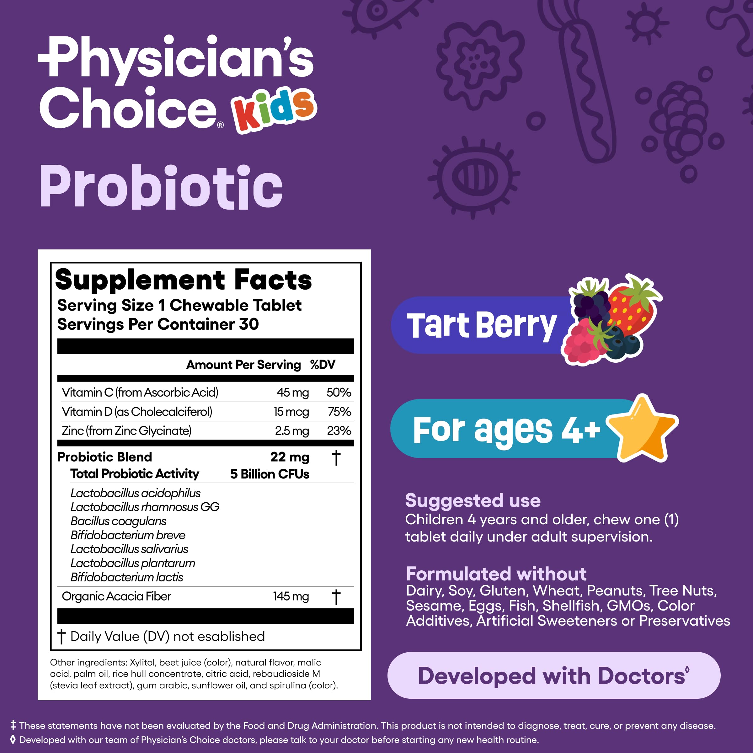 Physician's CHOICE no sugar or artificial dyes packaging emphasizing kid-friendly formula.