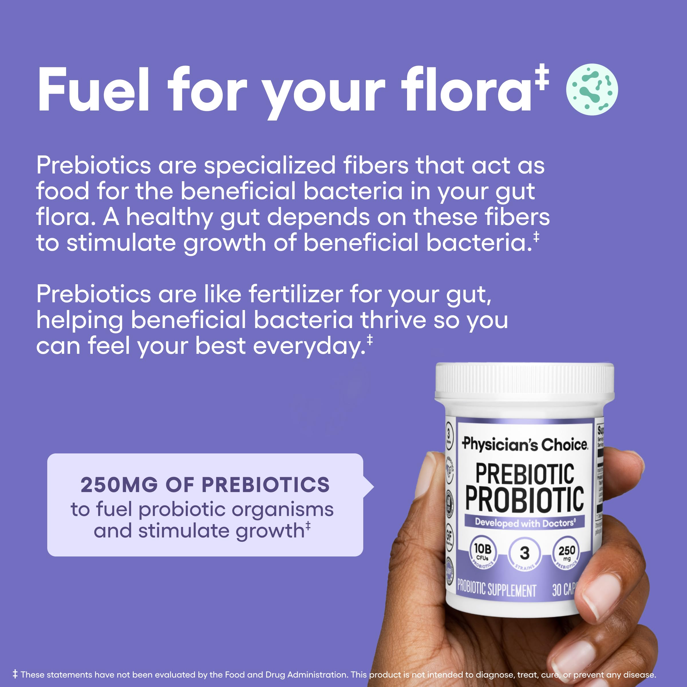 Physician's CHOICE Prebiotic-Probiotic label detail shows three Lactobacillus strains
