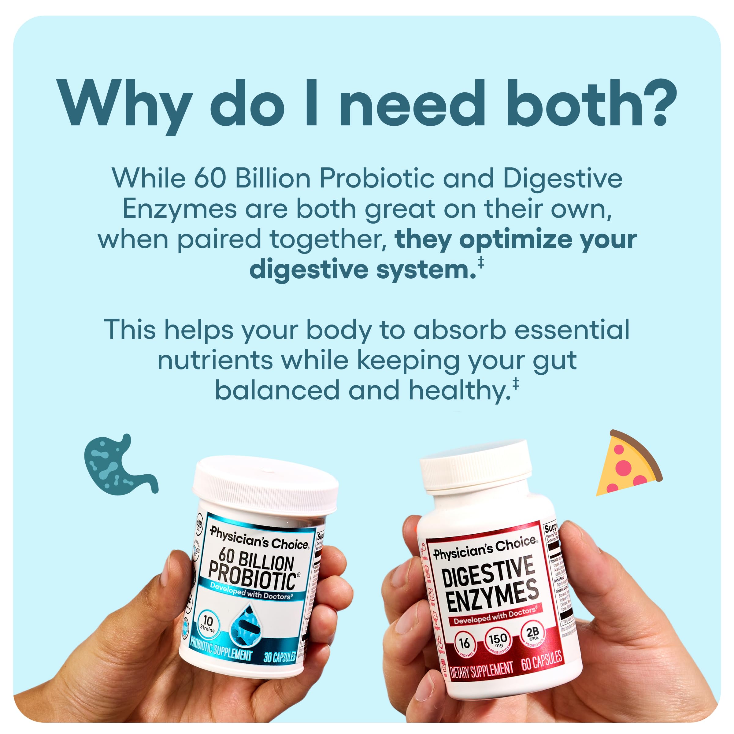 Physician's CHOICE probiotic bottle label closeup highlighting effective probiotic strains.