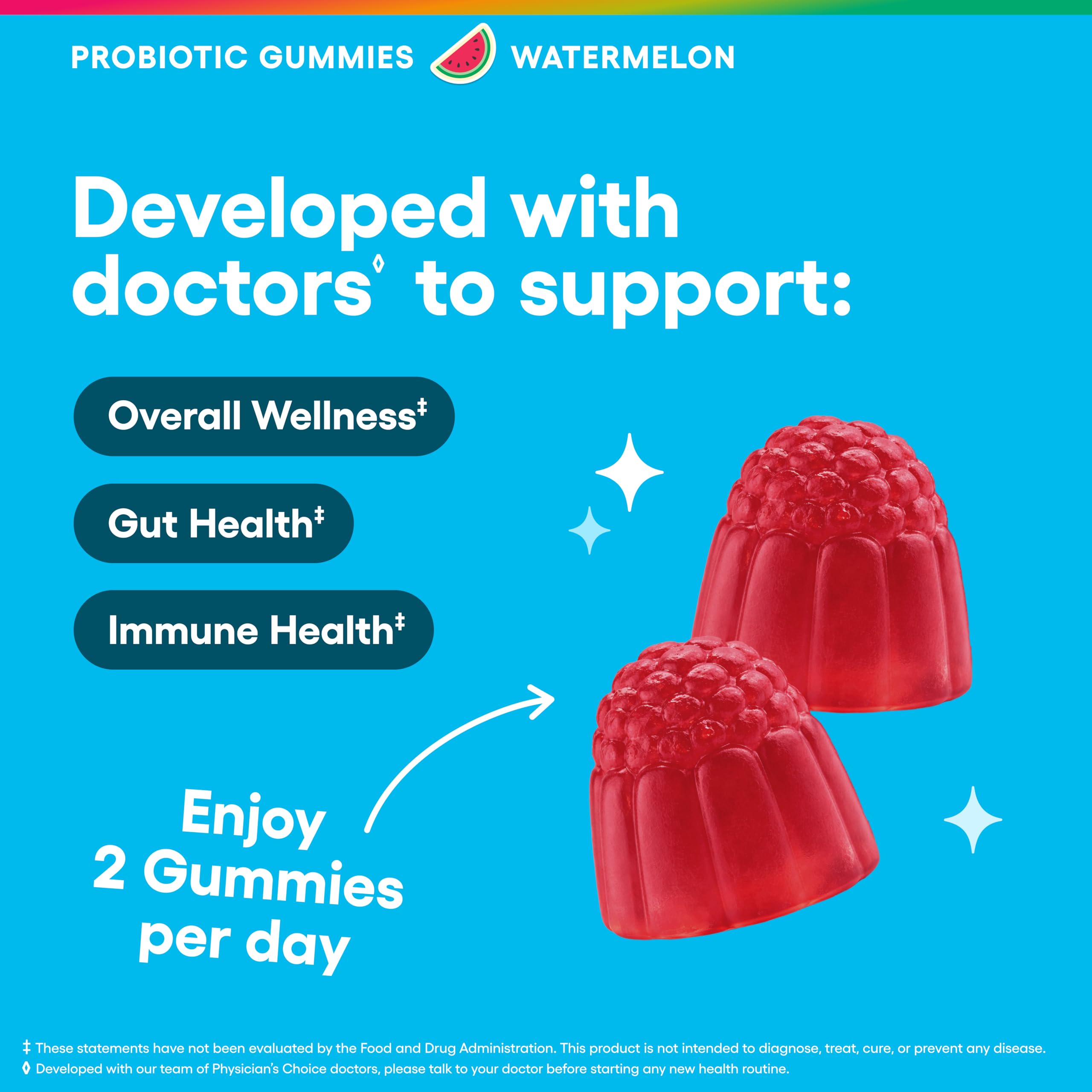 Physician's Choice Probiotic Gummies closeup highlighting chewy texture and flavor.