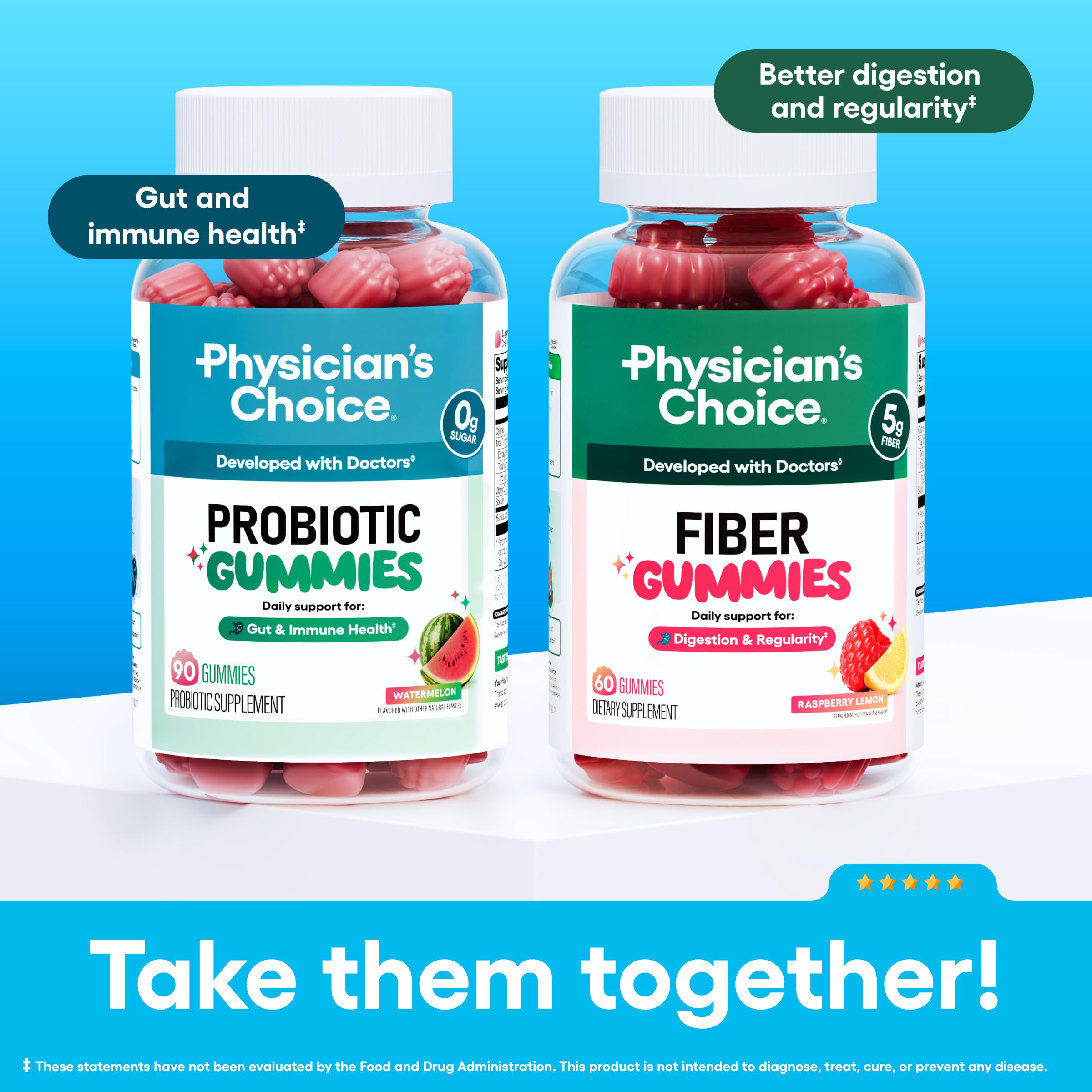 Physician's Choice Probiotic Gummies prebiotic fiber icon highlights gut-friendly fiber.