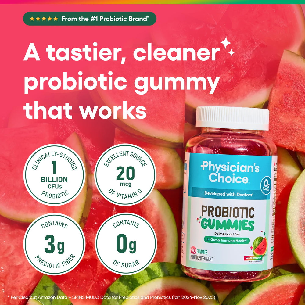 Physician's Choice Probiotic Gummies Watermelon bottle back shows ingredients and routine.
