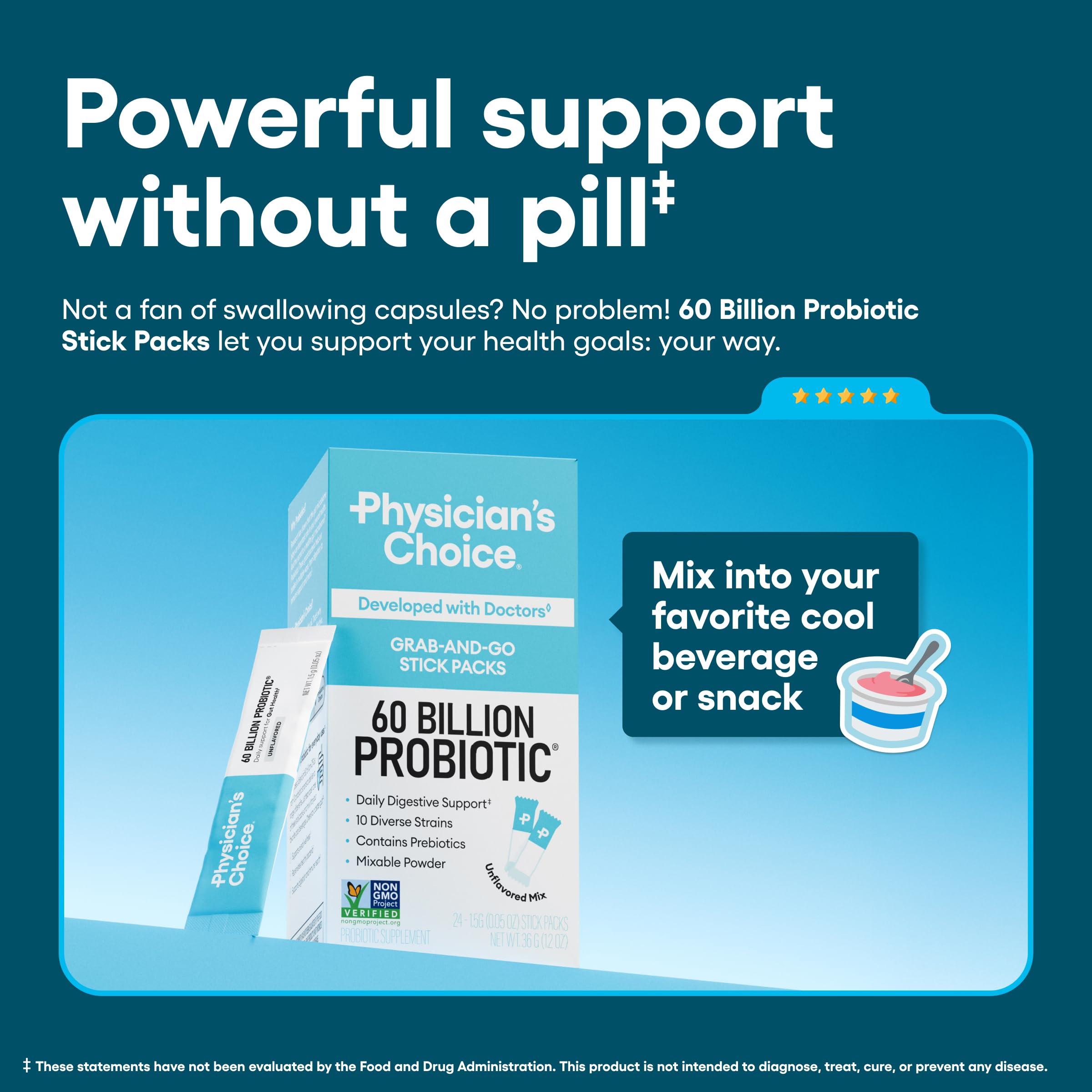 Physician’s Choice probiotic powder dissolving in a cool drink for easy use.