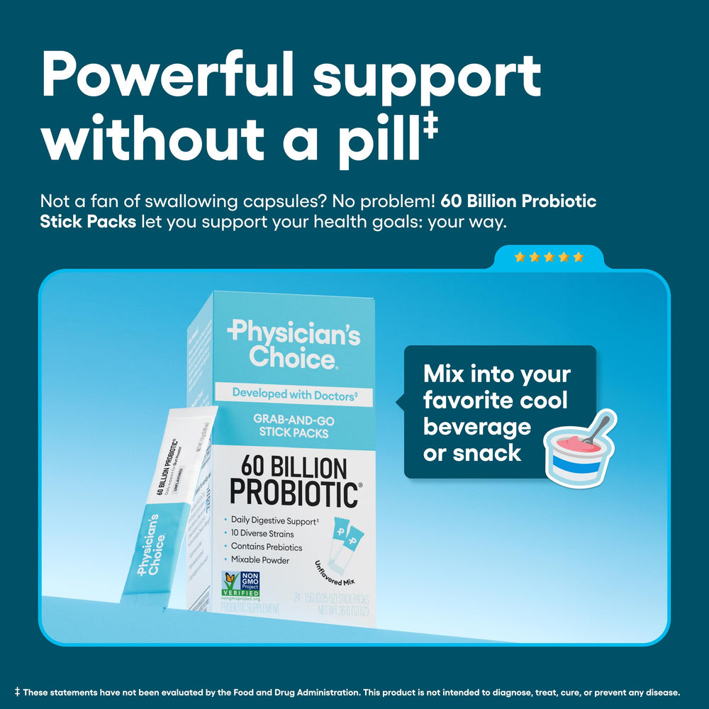 Physician’s Choice probiotic powder dissolving in a cool drink for easy use.
